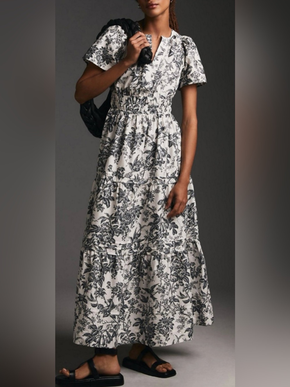 Anthropologie Somerset Maxi Dress Grey Toile Floral Bird Print XXS Boho